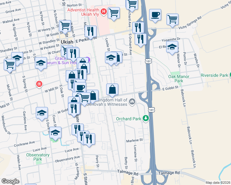 map of restaurants, bars, coffee shops, grocery stores, and more near 237 East Gobbi Street in Ukiah