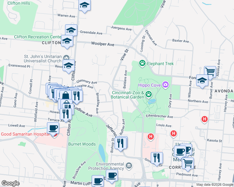 map of restaurants, bars, coffee shops, grocery stores, and more near 3400 Bishop Street in Cincinnati