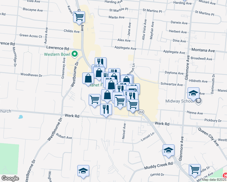 map of restaurants, bars, coffee shops, grocery stores, and more near 6092 Glenway Avenue in Cincinnati