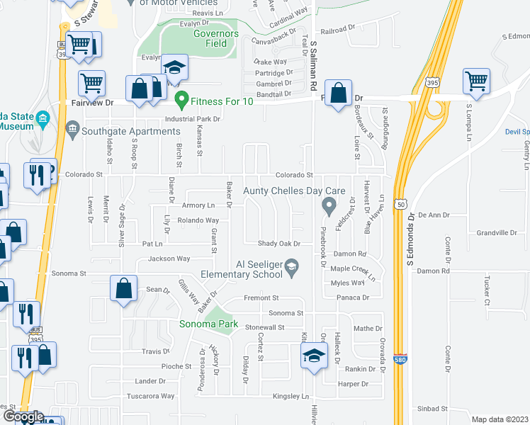 map of restaurants, bars, coffee shops, grocery stores, and more near 2501 Meadowbrook Lane in Carson City