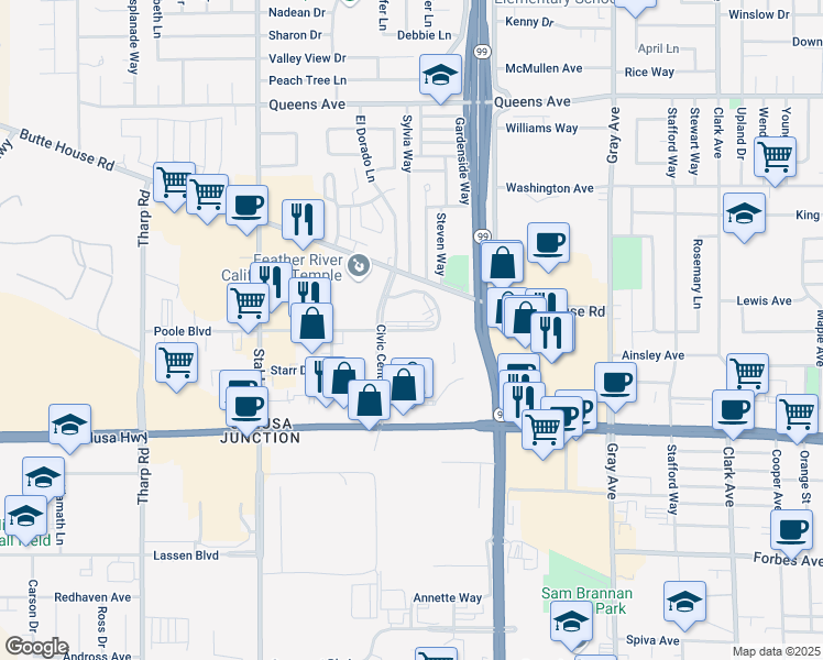 map of restaurants, bars, coffee shops, grocery stores, and more near 1445 Veterans Memorial Circle in Yuba City
