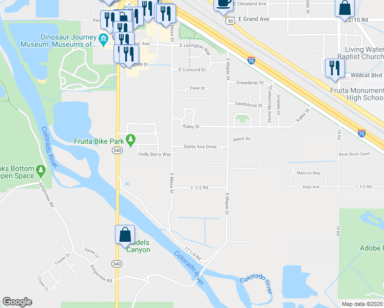map of restaurants, bars, coffee shops, grocery stores, and more near 899 Mission Court in Fruita