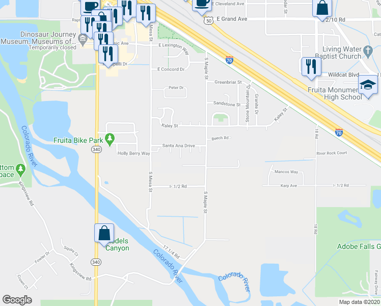 map of restaurants, bars, coffee shops, grocery stores, and more near Kandle Court in Fruita