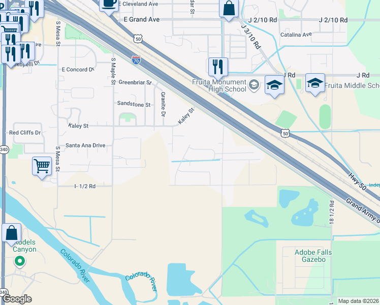 map of restaurants, bars, coffee shops, grocery stores, and more near 722 Abigail Court in Fruita