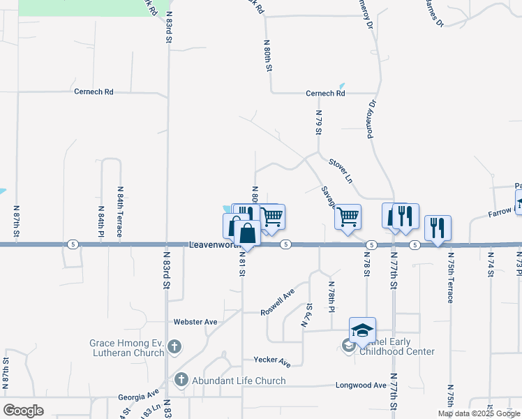 map of restaurants, bars, coffee shops, grocery stores, and more near 3218 North 80th Terrace in Kansas City