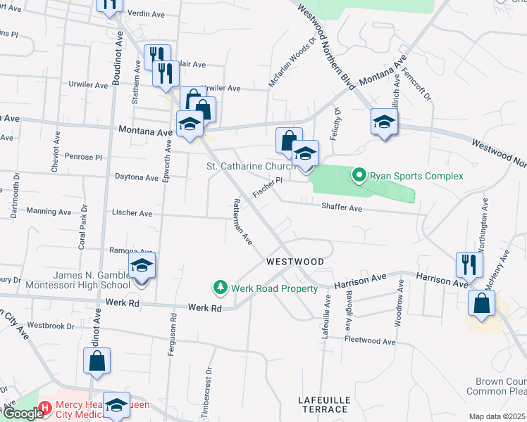 map of restaurants, bars, coffee shops, grocery stores, and more near 2880 Harrison Avenue in Cincinnati