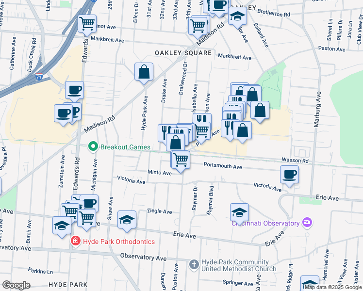 map of restaurants, bars, coffee shops, grocery stores, and more near 3730 Drakewood Drive in Cincinnati