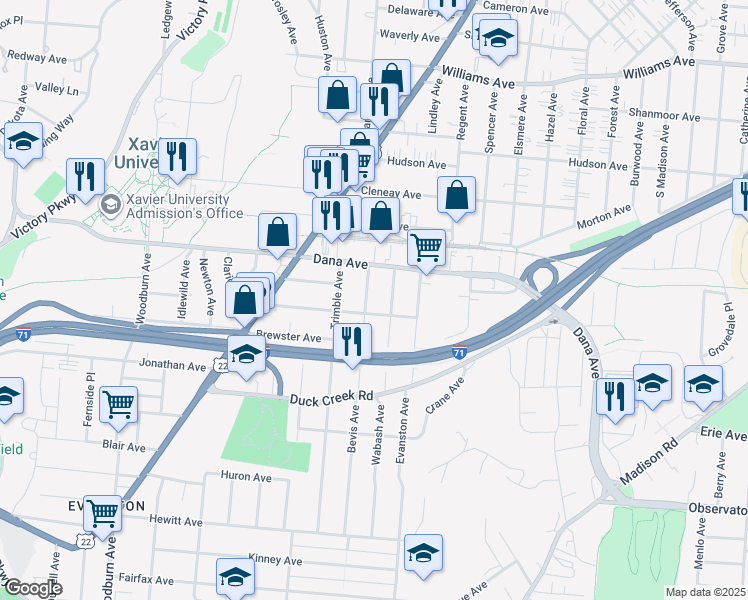 map of restaurants, bars, coffee shops, grocery stores, and more near 3633 Bevis Avenue in Cincinnati