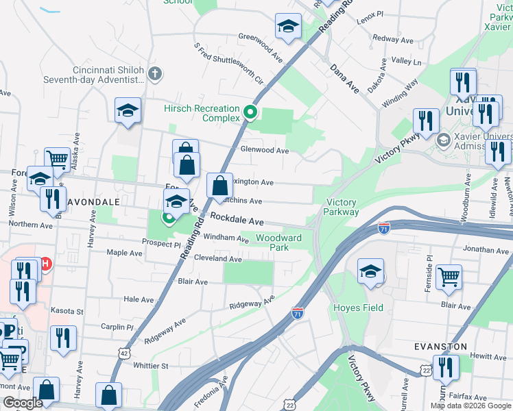map of restaurants, bars, coffee shops, grocery stores, and more near 855 Lexington Avenue in Cincinnati