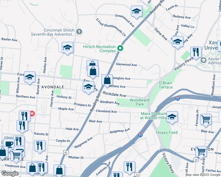 map of restaurants, bars, coffee shops, grocery stores, and more near 824 Hutchins Avenue in Cincinnati