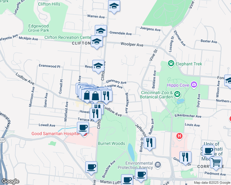map of restaurants, bars, coffee shops, grocery stores, and more near in Cincinnati