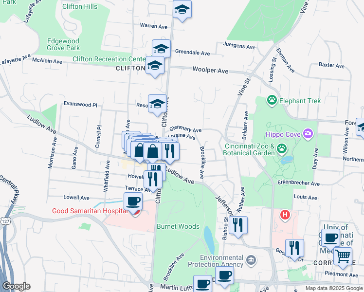 map of restaurants, bars, coffee shops, grocery stores, and more near in Cincinnati