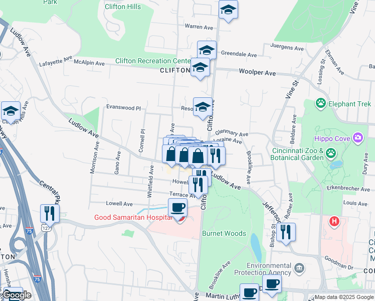 map of restaurants, bars, coffee shops, grocery stores, and more near 3503 Telford Street in Cincinnati