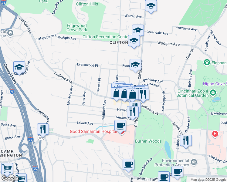 map of restaurants, bars, coffee shops, grocery stores, and more near 3442 Middleton Avenue in Cincinnati