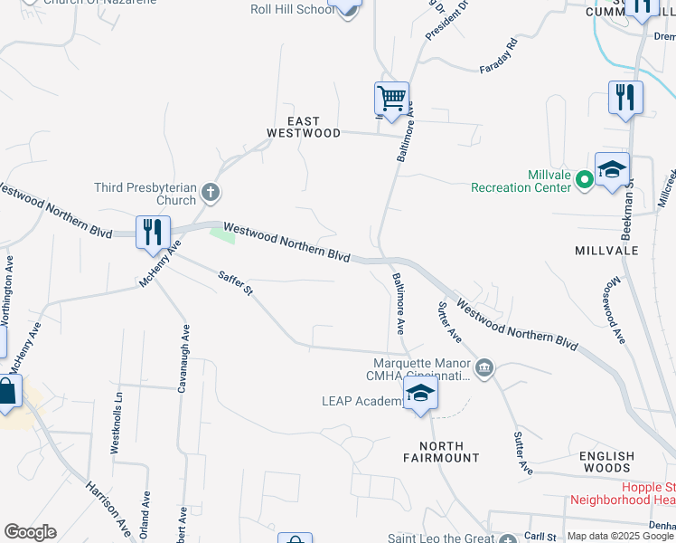map of restaurants, bars, coffee shops, grocery stores, and more near 2191 Westwood Northern Boulevard in Cincinnati