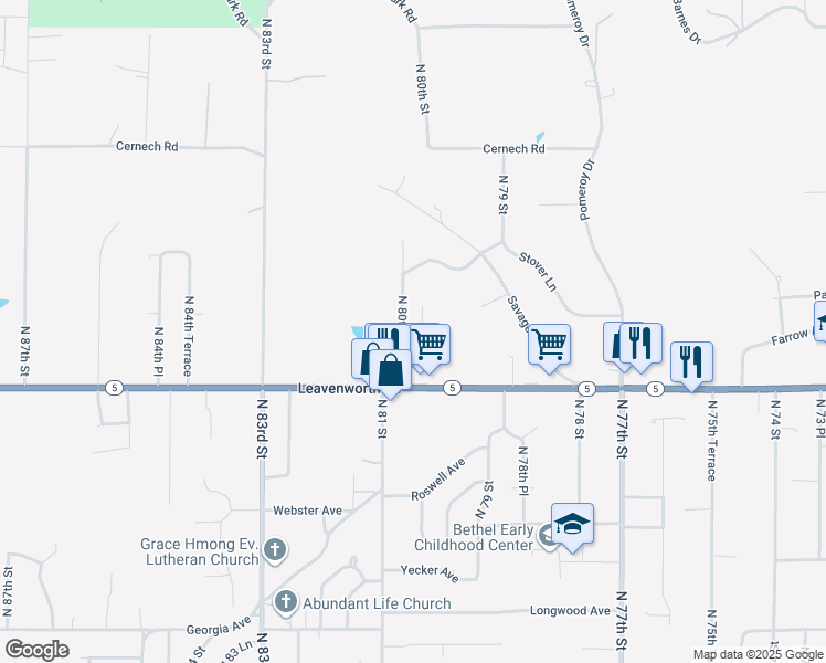 map of restaurants, bars, coffee shops, grocery stores, and more near 3218 North 80th Terrace in Kansas City