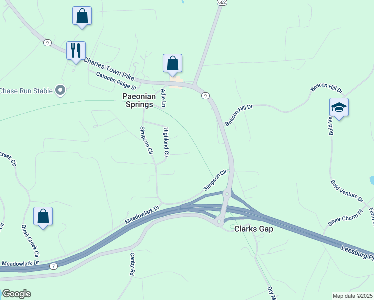 map of restaurants, bars, coffee shops, grocery stores, and more near 40054 Glenmore Court in Paeonian Springs