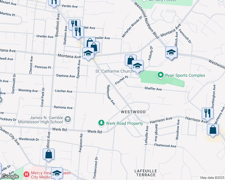 map of restaurants, bars, coffee shops, grocery stores, and more near 2893 Harrison Avenue in Cincinnati