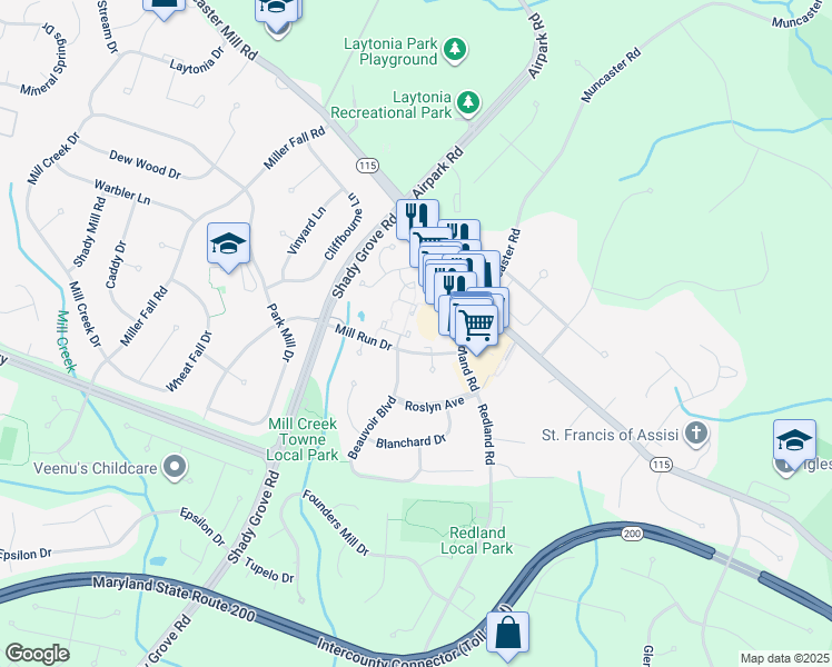 map of restaurants, bars, coffee shops, grocery stores, and more near 7157 Mill Run Drive in Rockville