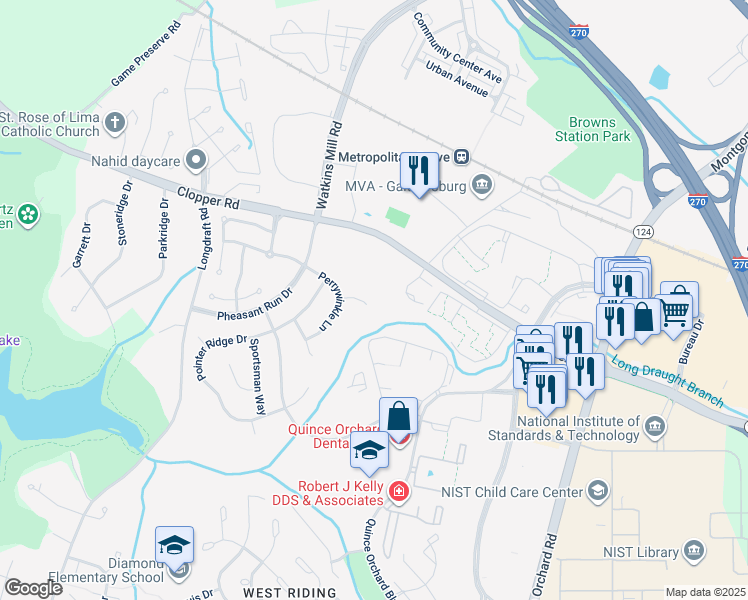 map of restaurants, bars, coffee shops, grocery stores, and more near 18 Noblewood Court in Gaithersburg