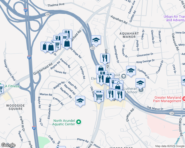 map of restaurants, bars, coffee shops, grocery stores, and more near 614 Old Stage Road in Glen Burnie