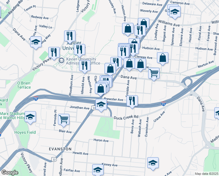 map of restaurants, bars, coffee shops, grocery stores, and more near 3621 Montgomery Road in Cincinnati