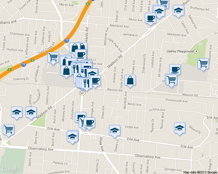 map of restaurants, bars, coffee shops, grocery stores, and more near 3723 Woodland Avenue in Cincinnati