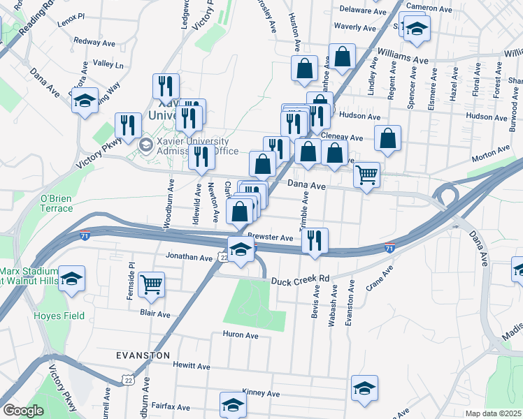 map of restaurants, bars, coffee shops, grocery stores, and more near 3621 Montgomery Road in Cincinnati