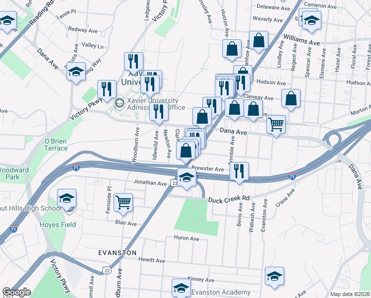 map of restaurants, bars, coffee shops, grocery stores, and more near 3621 Montgomery Road in Cincinnati