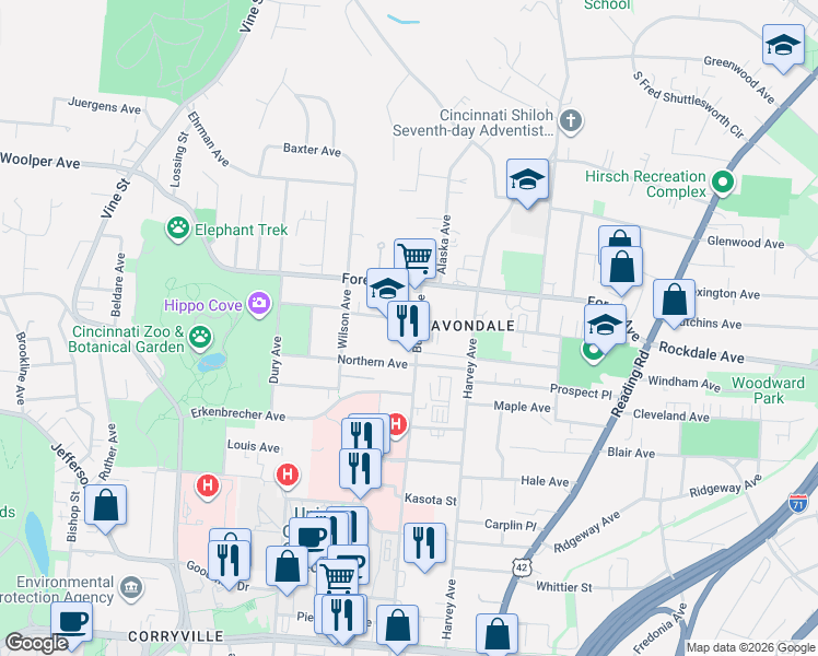 map of restaurants, bars, coffee shops, grocery stores, and more near 338 Rockdale Avenue in Cincinnati