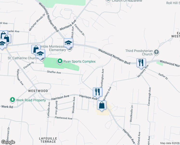 map of restaurants, bars, coffee shops, grocery stores, and more near 3164 Bracken Woods Lane in Cincinnati