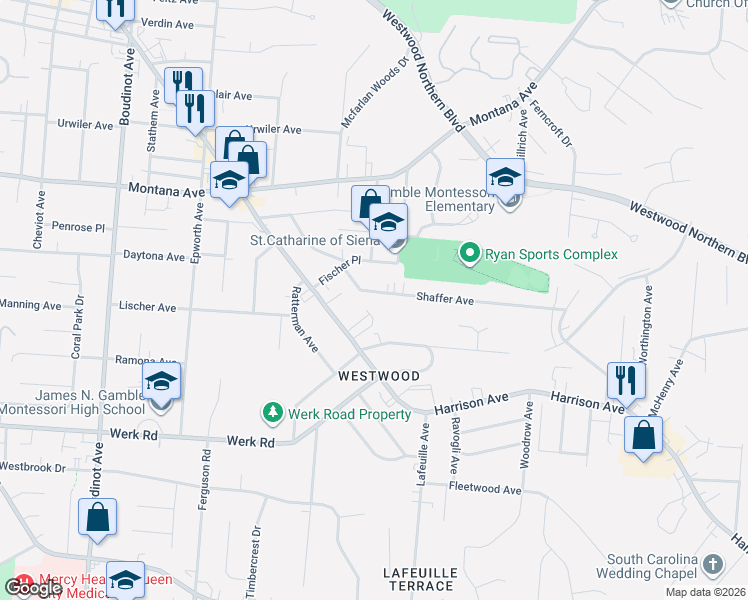 map of restaurants, bars, coffee shops, grocery stores, and more near 2858 Shaffer Avenue in Cincinnati