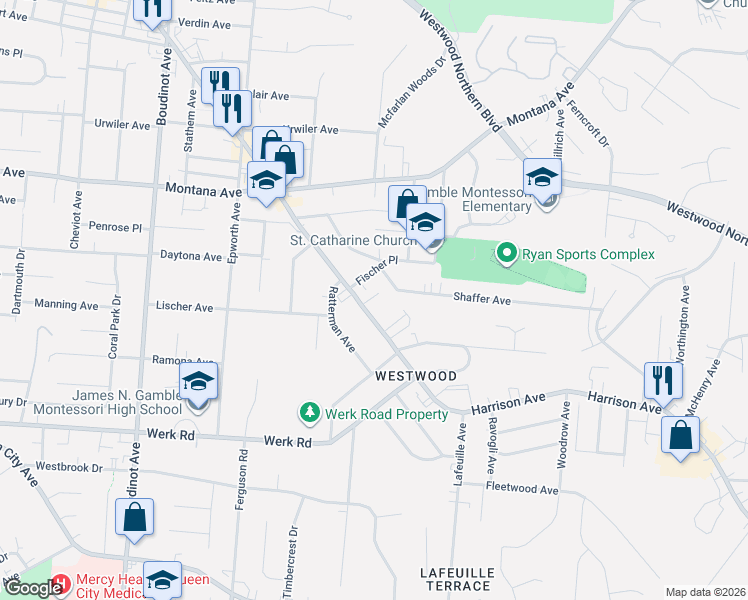 map of restaurants, bars, coffee shops, grocery stores, and more near 2891 Shaffer Avenue in Cincinnati