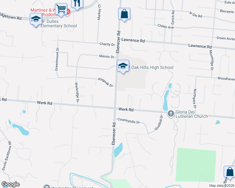 map of restaurants, bars, coffee shops, grocery stores, and more near 6058 Werk Road in Cincinnati