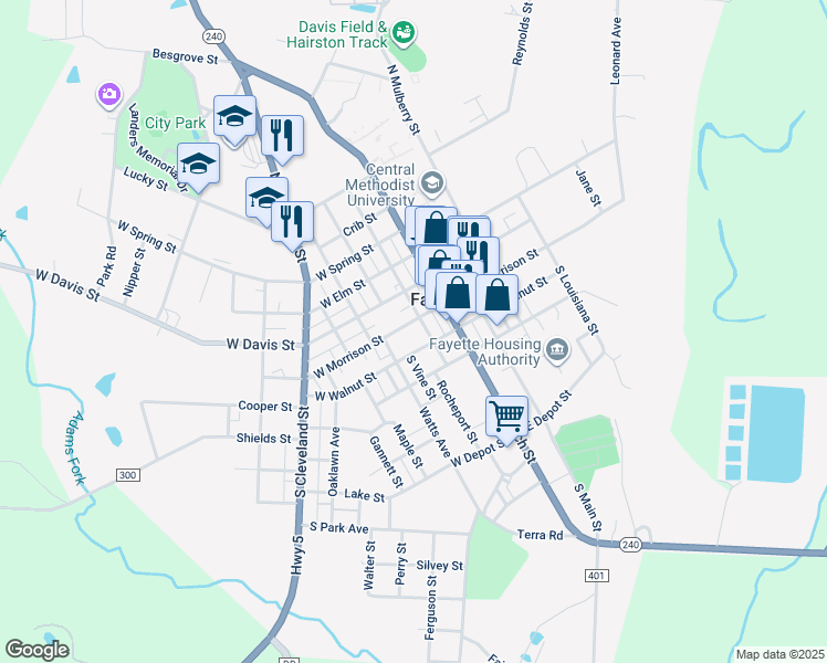 map of restaurants, bars, coffee shops, grocery stores, and more near 100-148 N Linn St in Fayette
