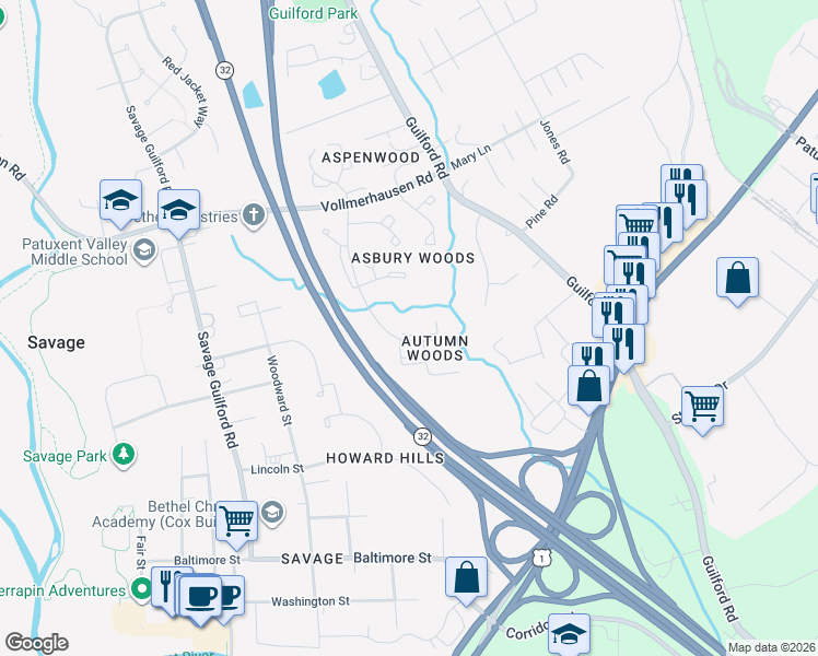map of restaurants, bars, coffee shops, grocery stores, and more near 8305 Ari Court in Jessup