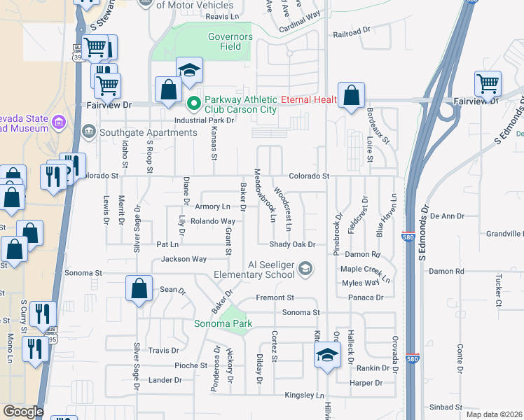 map of restaurants, bars, coffee shops, grocery stores, and more near 2421 Meadowbrook Lane in Carson City