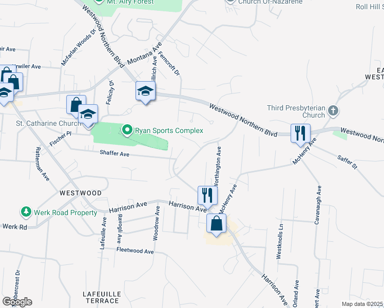 map of restaurants, bars, coffee shops, grocery stores, and more near 3164 Bracken Woods Lane in Cincinnati