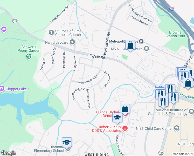 map of restaurants, bars, coffee shops, grocery stores, and more near 820 Pheasant Run Drive in Gaithersburg