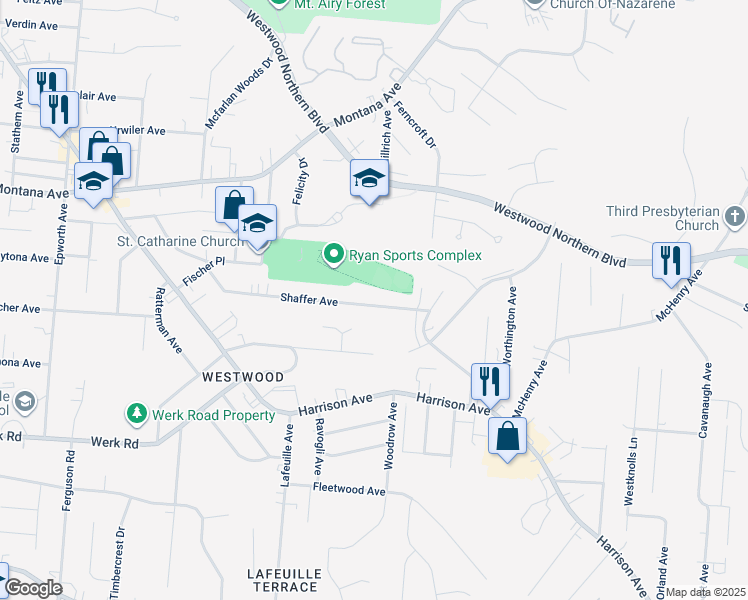 map of restaurants, bars, coffee shops, grocery stores, and more near 2726 Shaffer Avenue in Cincinnati