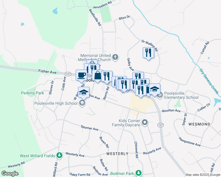 map of restaurants, bars, coffee shops, grocery stores, and more near 19820 Fisher Avenue in Poolesville