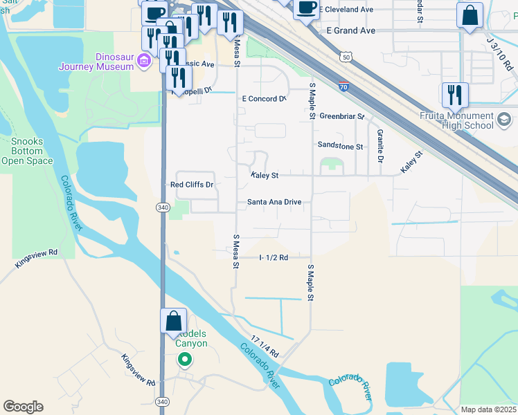 map of restaurants, bars, coffee shops, grocery stores, and more near 801 Mission Court in Fruita
