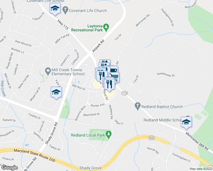 map of restaurants, bars, coffee shops, grocery stores, and more near 17503 Redland Rd in Derwood