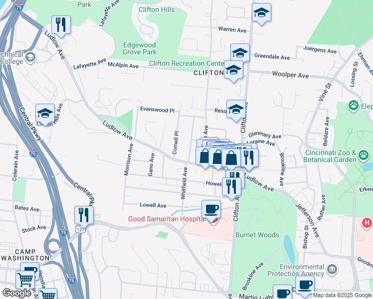 map of restaurants, bars, coffee shops, grocery stores, and more near 3423 Whitfield Avenue in Cincinnati