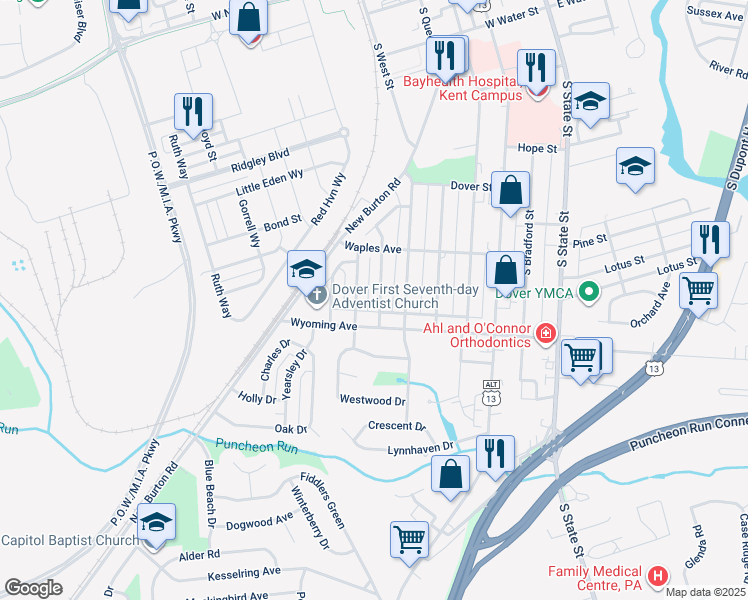 map of restaurants, bars, coffee shops, grocery stores, and more near 956 Janeka Lane in Dover