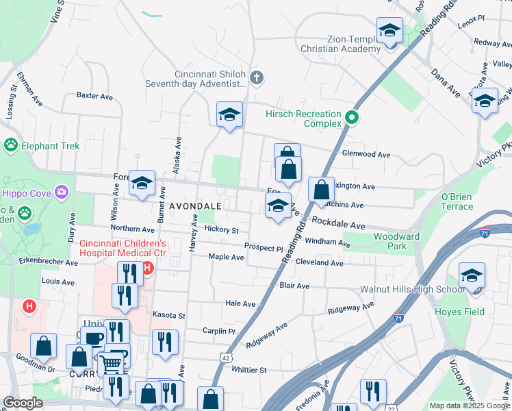 map of restaurants, bars, coffee shops, grocery stores, and more near 633 Forest Avenue in Cincinnati