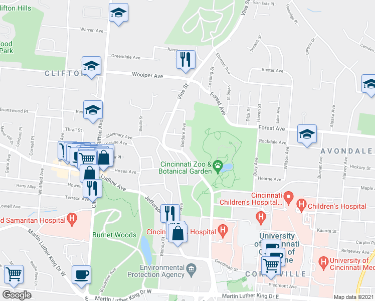 map of restaurants, bars, coffee shops, grocery stores, and more near in Cincinnati
