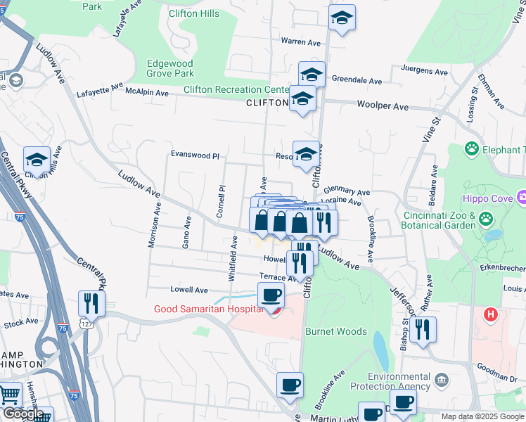 map of restaurants, bars, coffee shops, grocery stores, and more near 3442 Middleton Avenue in Cincinnati