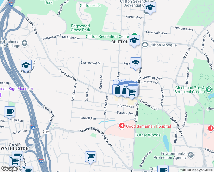map of restaurants, bars, coffee shops, grocery stores, and more near 3439 Whitfield Avenue in Cincinnati