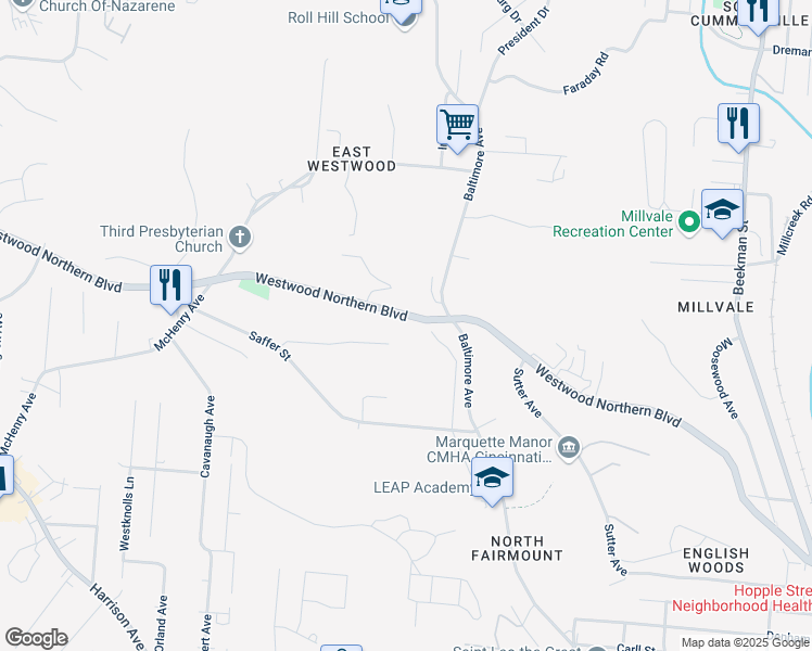 map of restaurants, bars, coffee shops, grocery stores, and more near 2181 Baltimore Avenue in Cincinnati